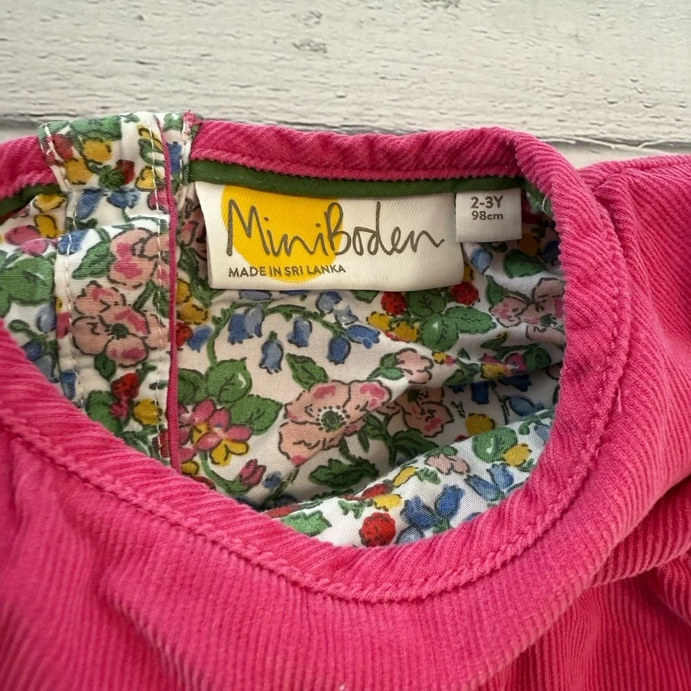 Mini Boden girls pink corduroy floral lined‎ dress 2/3
